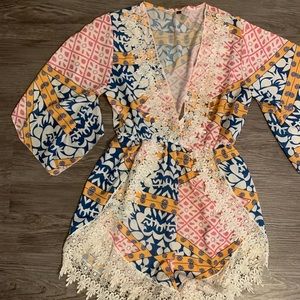 White lace trim floral romper